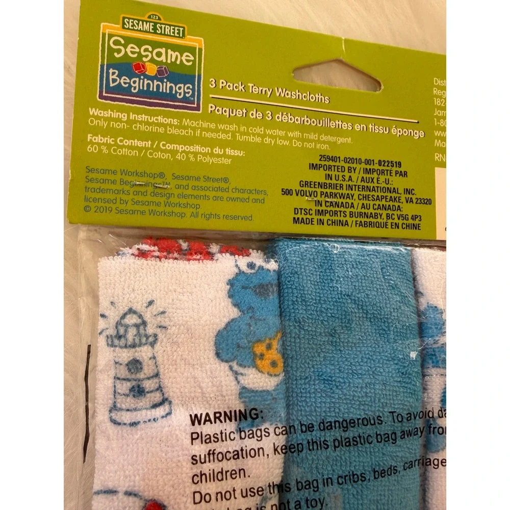 Sesame Street Sesame Beginnings Terry Washcloths 3 Pack Cookie Monster Elmo Blue